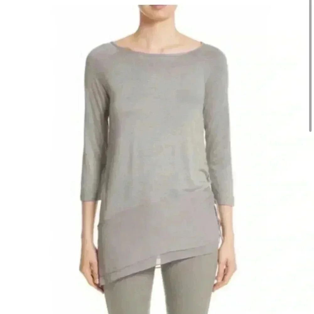 ST. JOHN Georgette Jersey Assymetrical Blouse Gray Size Large Silk/Viscose
